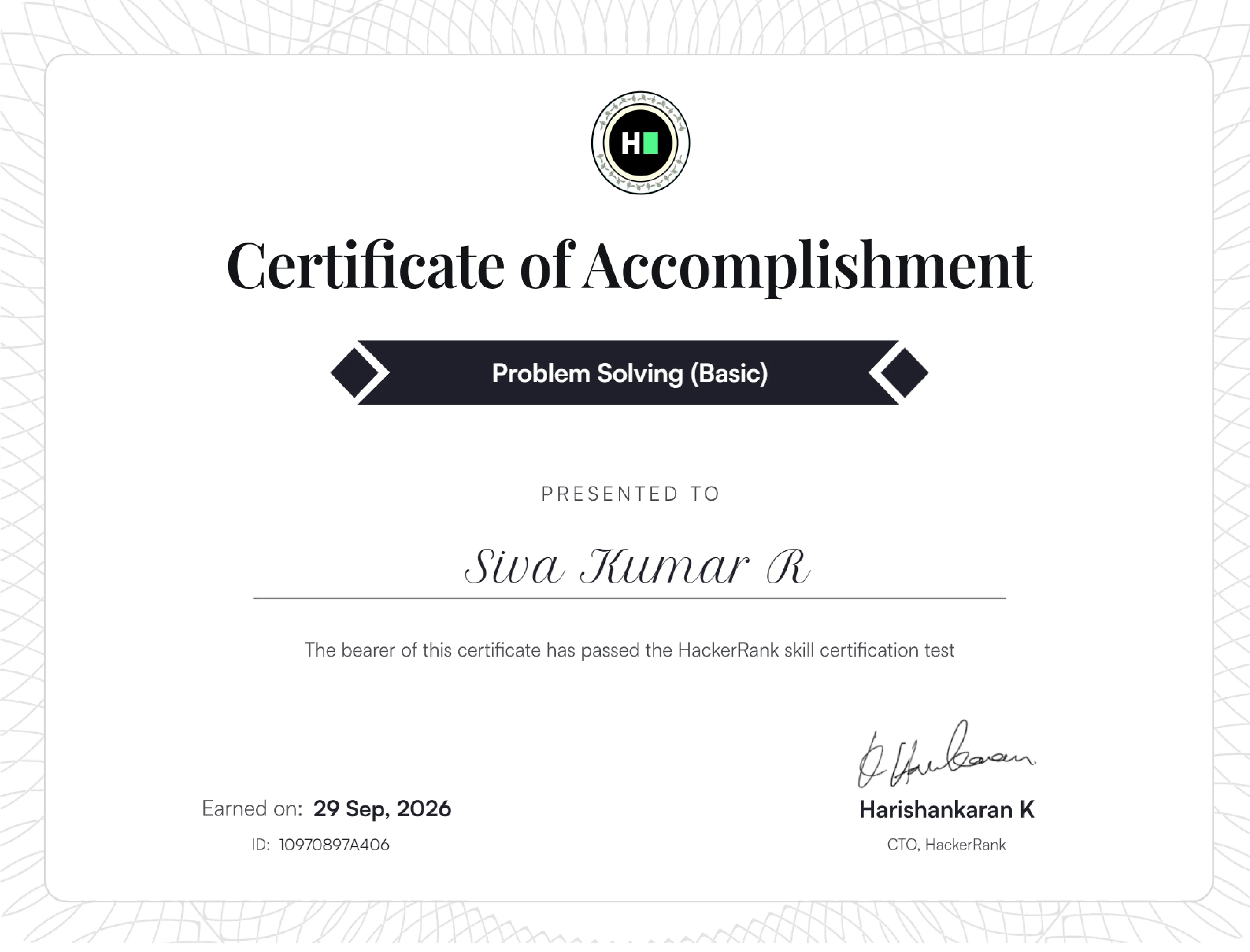 Siva Kumar R Problem Solving Basic HackerRank Certification